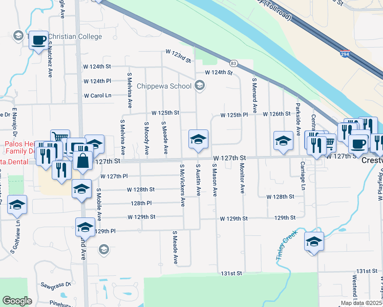 map of restaurants, bars, coffee shops, grocery stores, and more near 12700 South Austin Avenue in Palos Heights