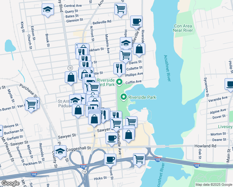 map of restaurants, bars, coffee shops, grocery stores, and more near 368 Belleville Avenue in New Bedford
