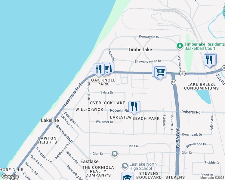 map of restaurants, bars, coffee shops, grocery stores, and more near 34176 Sylvia Drive in Eastlake