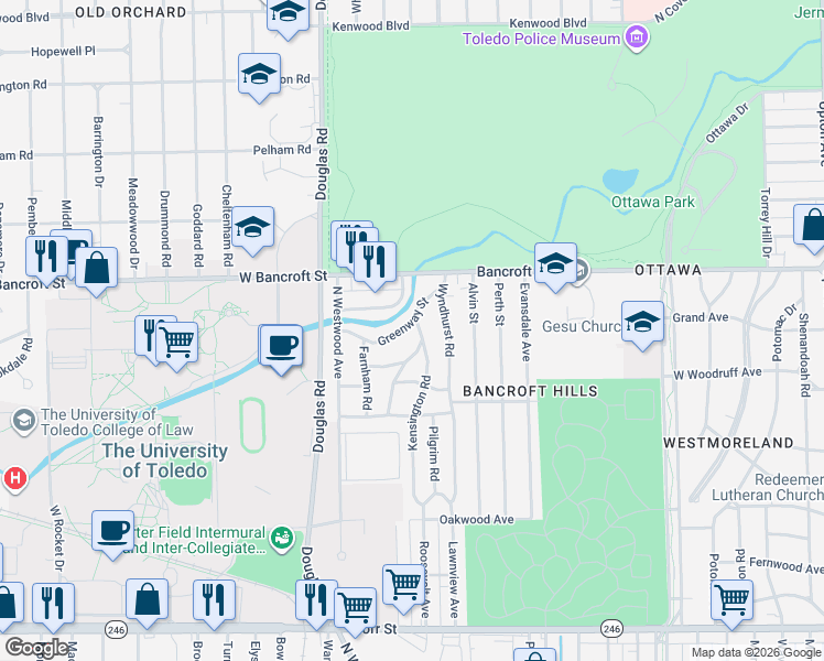 map of restaurants, bars, coffee shops, grocery stores, and more near 2633 Greenway Street in Toledo