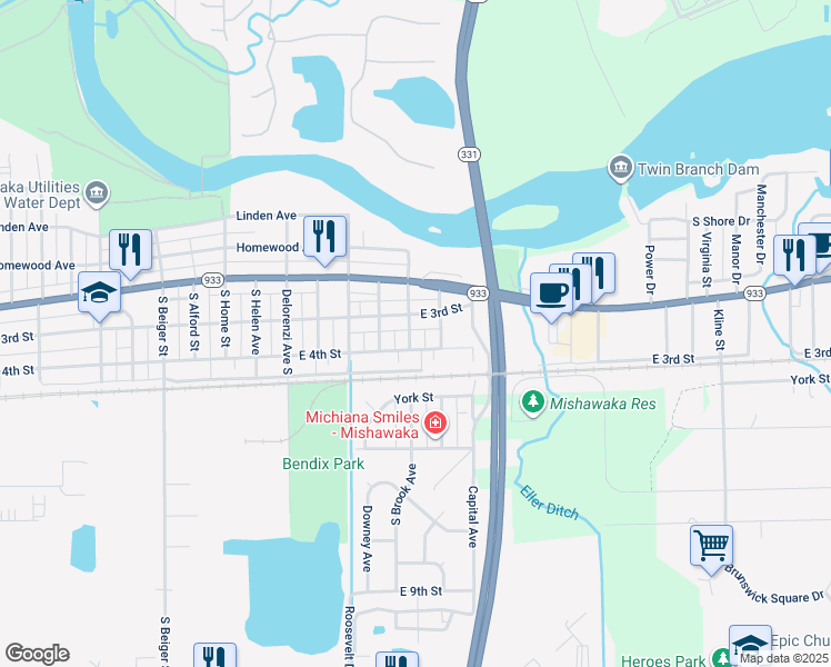 map of restaurants, bars, coffee shops, grocery stores, and more near 214 South Brook Avenue in Mishawaka