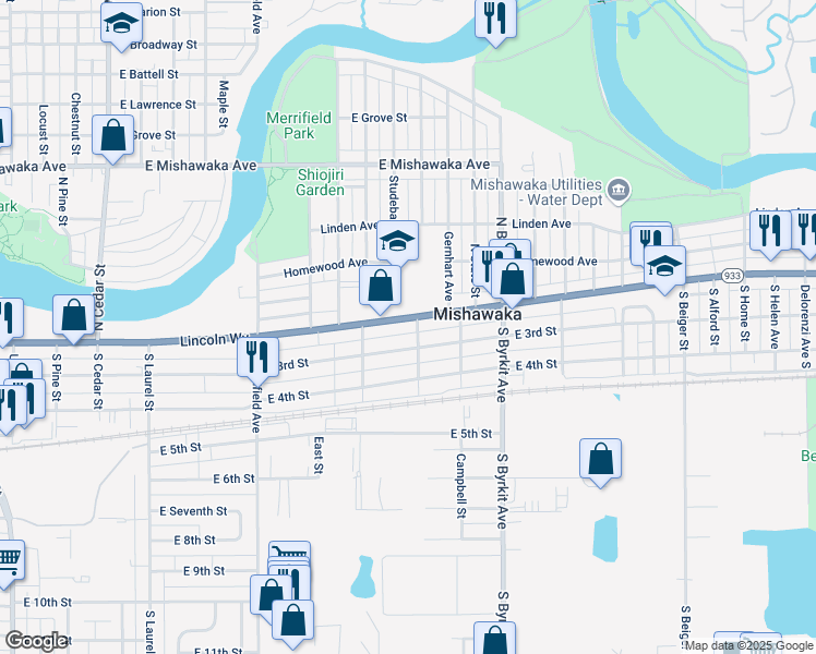 map of restaurants, bars, coffee shops, grocery stores, and more near 1130 East 3rd Street in Mishawaka