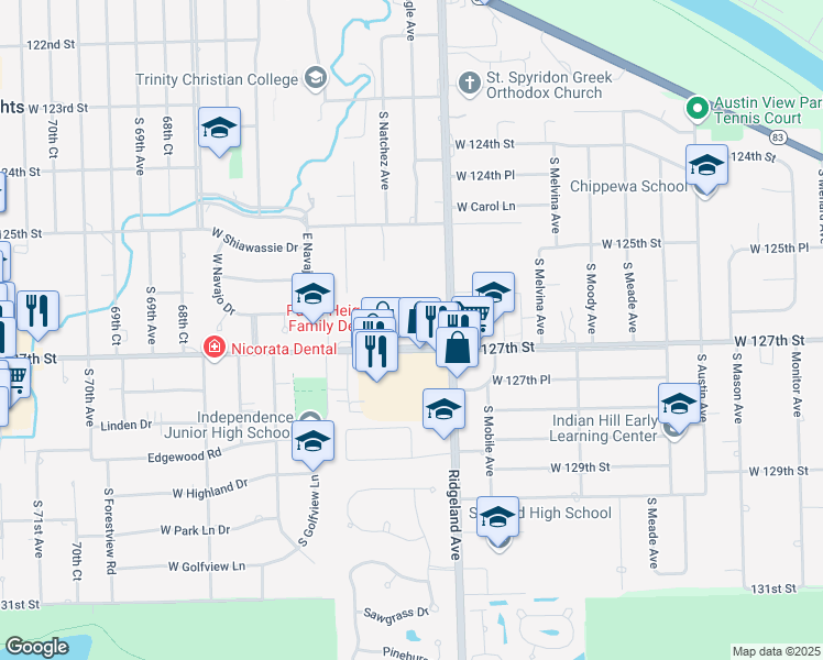 map of restaurants, bars, coffee shops, grocery stores, and more near 6413-6429 West 127th Street in Palos Heights