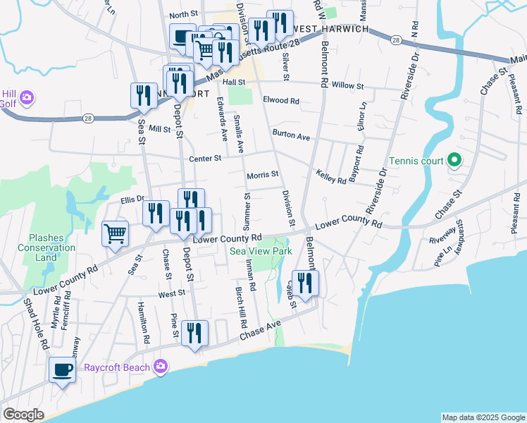 map of restaurants, bars, coffee shops, grocery stores, and more near 470 Lower County Road in Dennis