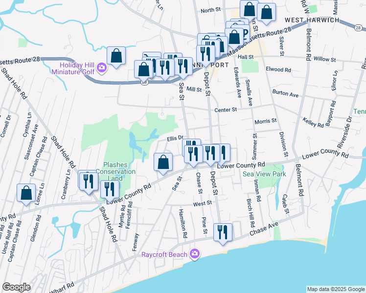 map of restaurants, bars, coffee shops, grocery stores, and more near 167 Sea Street in Dennis