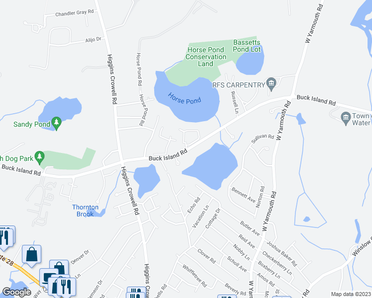 map of restaurants, bars, coffee shops, grocery stores, and more near 6 Jannor Way in Yarmouth