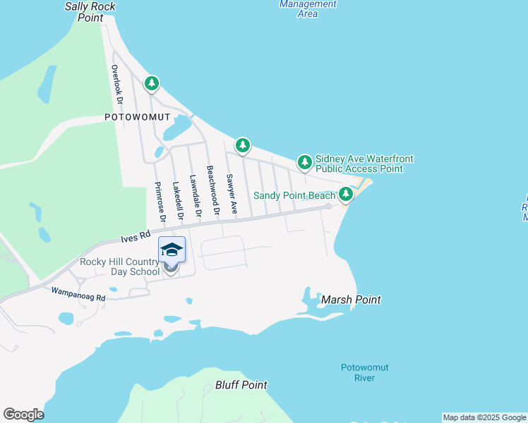 map of restaurants, bars, coffee shops, grocery stores, and more near 150 Ives Road in East Greenwich