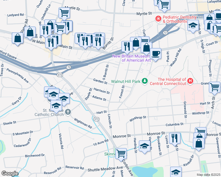map of restaurants, bars, coffee shops, grocery stores, and more near 154 Lincoln Street in New Britain