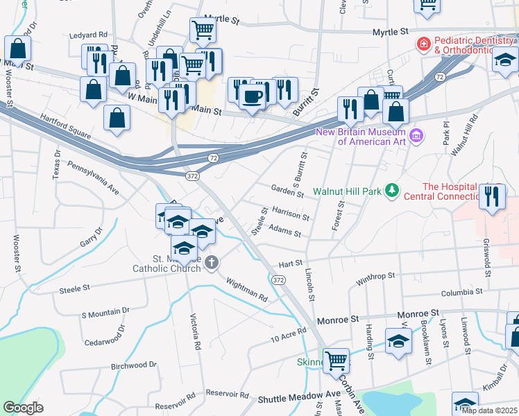 map of restaurants, bars, coffee shops, grocery stores, and more near 18 Steele Street in New Britain