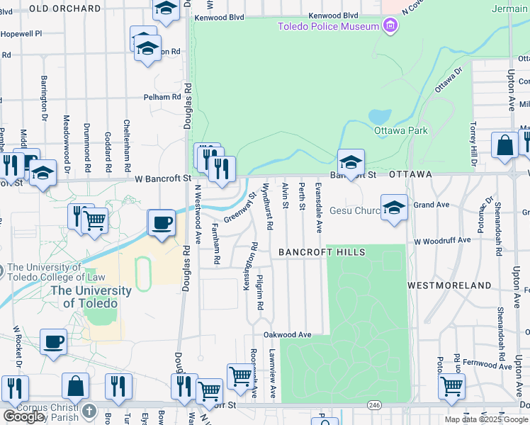 map of restaurants, bars, coffee shops, grocery stores, and more near 2034 Kensington Road in Toledo