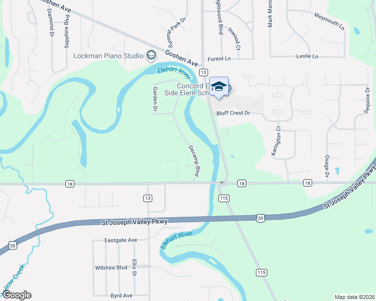 map of restaurants, bars, coffee shops, grocery stores, and more near 23595 Williams Lane in Elkhart