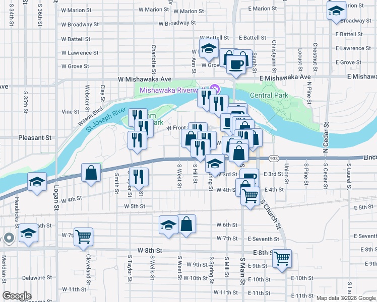 map of restaurants, bars, coffee shops, grocery stores, and more near in Mishawaka