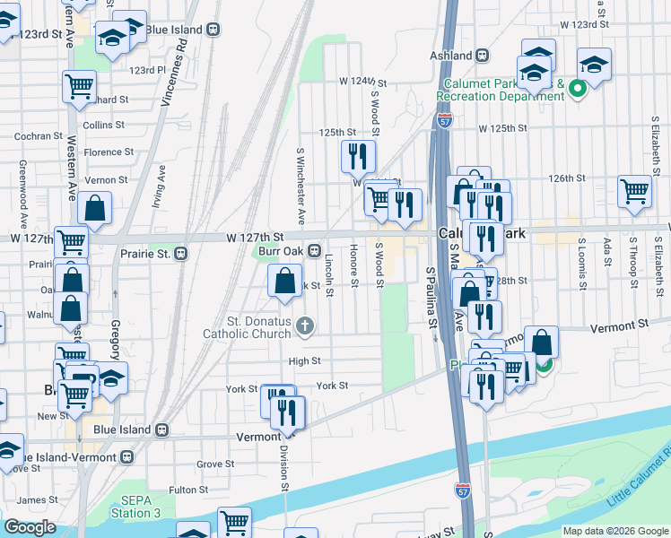 map of restaurants, bars, coffee shops, grocery stores, and more near 1843 Oak Street in Blue Island