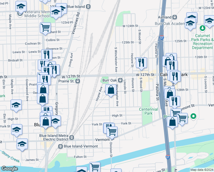 map of restaurants, bars, coffee shops, grocery stores, and more near 2000 Oak Street in Blue Island