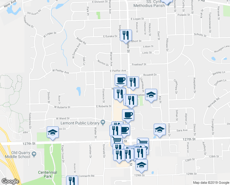 map of restaurants, bars, coffee shops, grocery stores, and more near 1101 Warner Avenue in Lemont