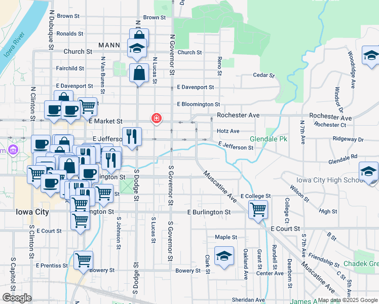 map of restaurants, bars, coffee shops, grocery stores, and more near 943 Iowa Avenue in Iowa City