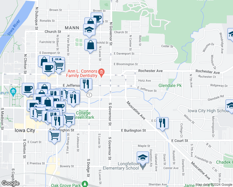 map of restaurants, bars, coffee shops, grocery stores, and more near 903 Iowa Avenue in Iowa City