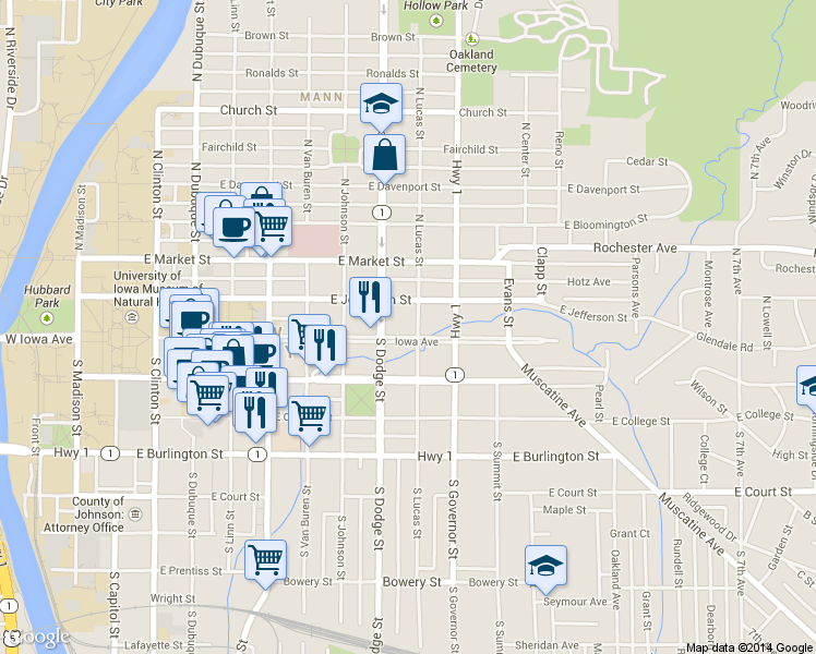 map of restaurants, bars, coffee shops, grocery stores, and more near 809 Iowa Avenue in Iowa City