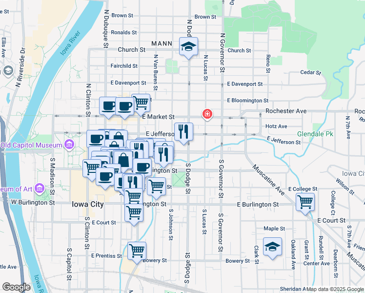 map of restaurants, bars, coffee shops, grocery stores, and more near 6 South Johnson Street in Iowa City