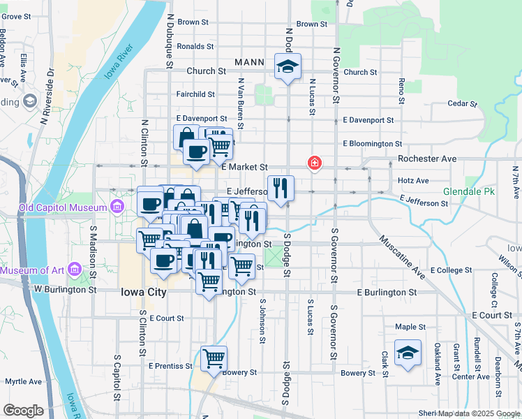 map of restaurants, bars, coffee shops, grocery stores, and more near 6 South Johnson Street in Iowa City