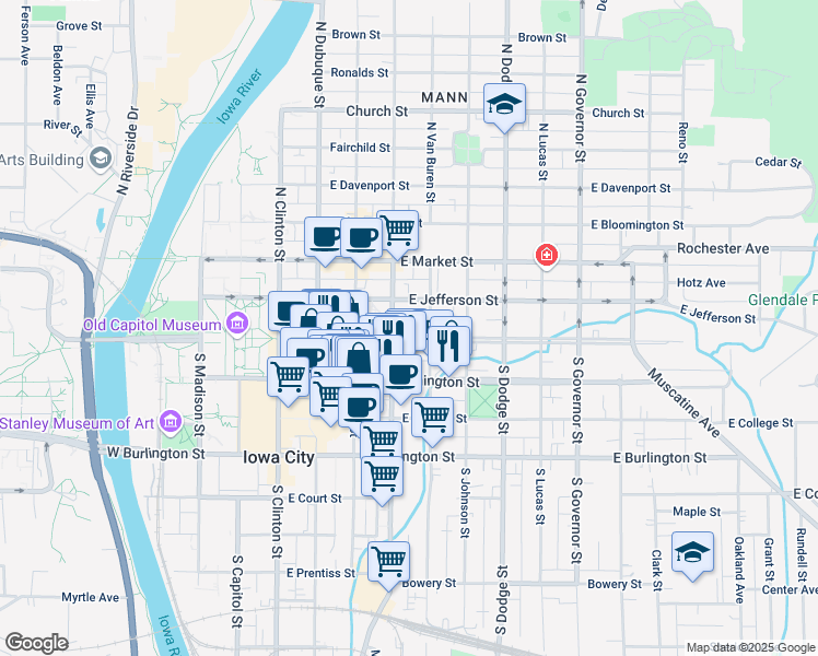 map of restaurants, bars, coffee shops, grocery stores, and more near 410 East Washington Street in Iowa City
