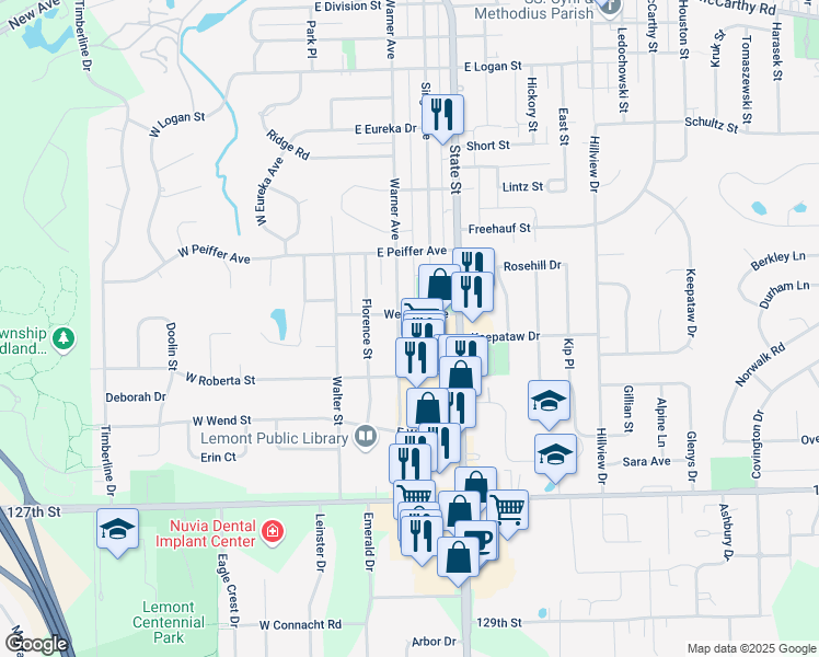 map of restaurants, bars, coffee shops, grocery stores, and more near 1037 Warner Avenue in Lemont