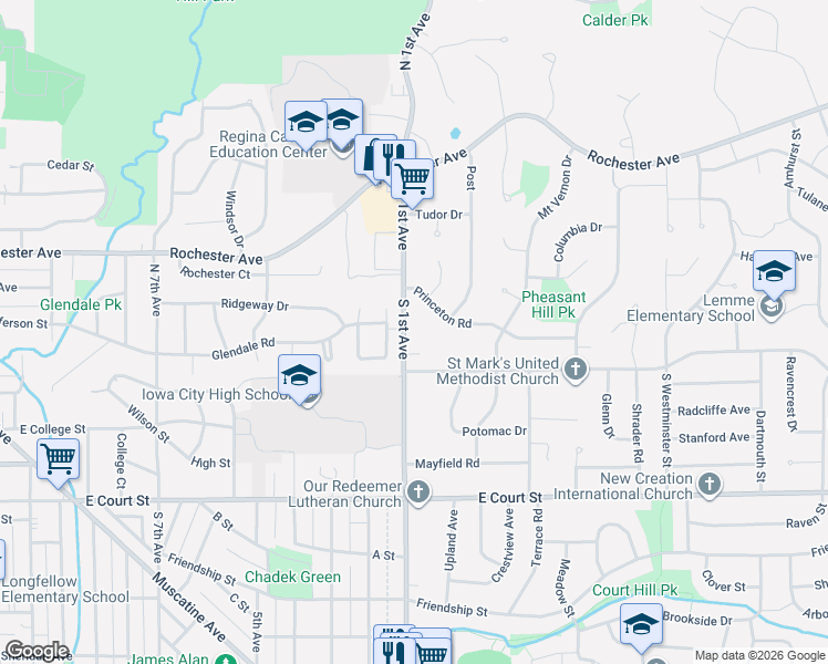map of restaurants, bars, coffee shops, grocery stores, and more near 10 S 1st Ave in Iowa City