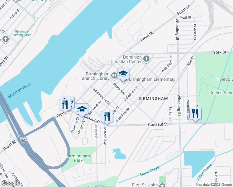 map of restaurants, bars, coffee shops, grocery stores, and more near 2128 Valentine Street in Toledo