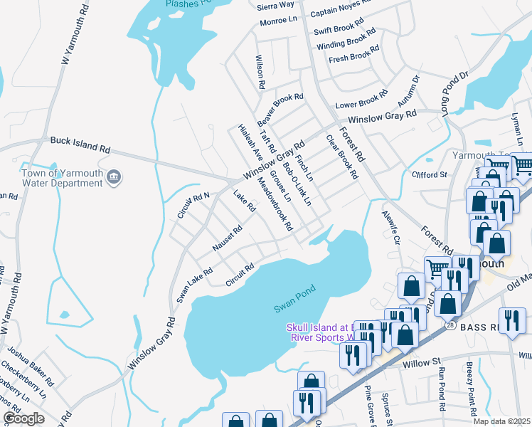 map of restaurants, bars, coffee shops, grocery stores, and more near 43 Lake Road in Yarmouth