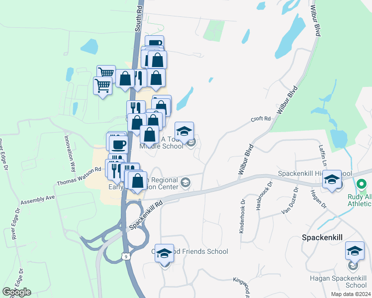 map of restaurants, bars, coffee shops, grocery stores, and more near 11 Croft Road in Poughkeepsie