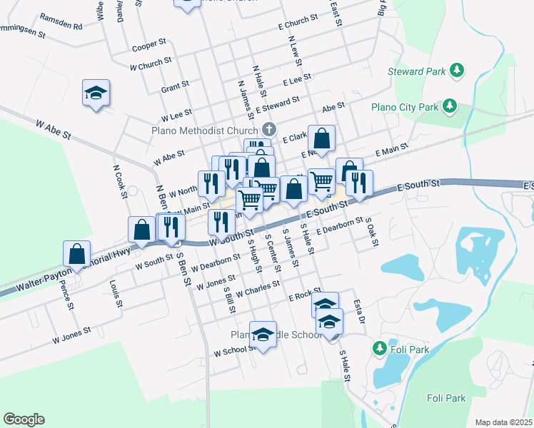 map of restaurants, bars, coffee shops, grocery stores, and more near 115 East South Street in Plano