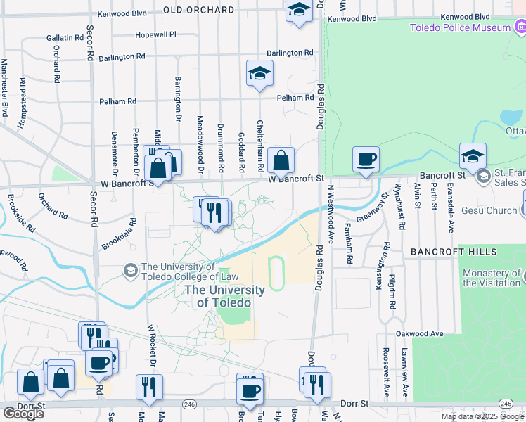 map of restaurants, bars, coffee shops, grocery stores, and more near 2801 West Bancroft Street in Toledo