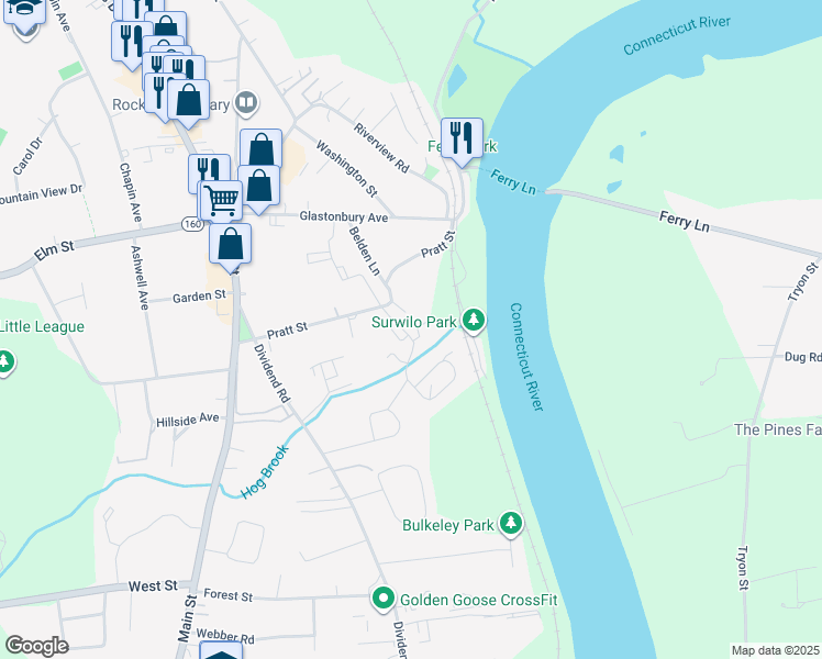 map of restaurants, bars, coffee shops, grocery stores, and more near 1 Brookwood Drive in Rocky Hill