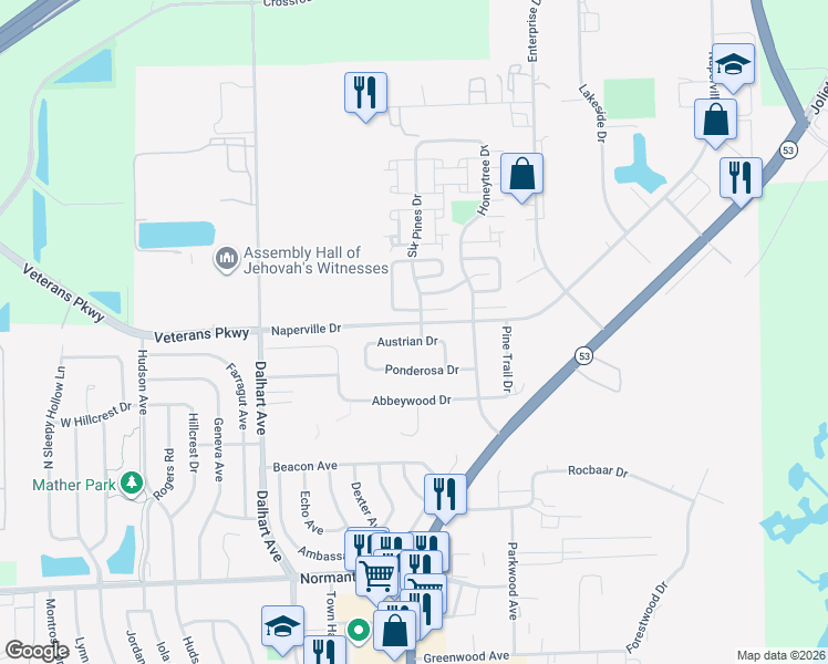 map of restaurants, bars, coffee shops, grocery stores, and more near 35 Austrian Drive in Romeoville