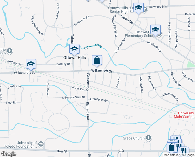 map of restaurants, bars, coffee shops, grocery stores, and more near 2130 Collinway Street in Toledo