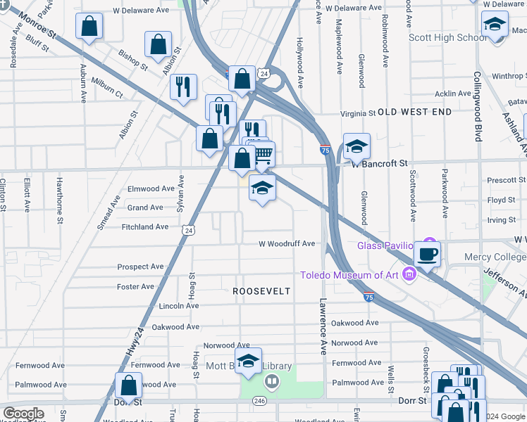map of restaurants, bars, coffee shops, grocery stores, and more near 1075 Horace Street in Toledo