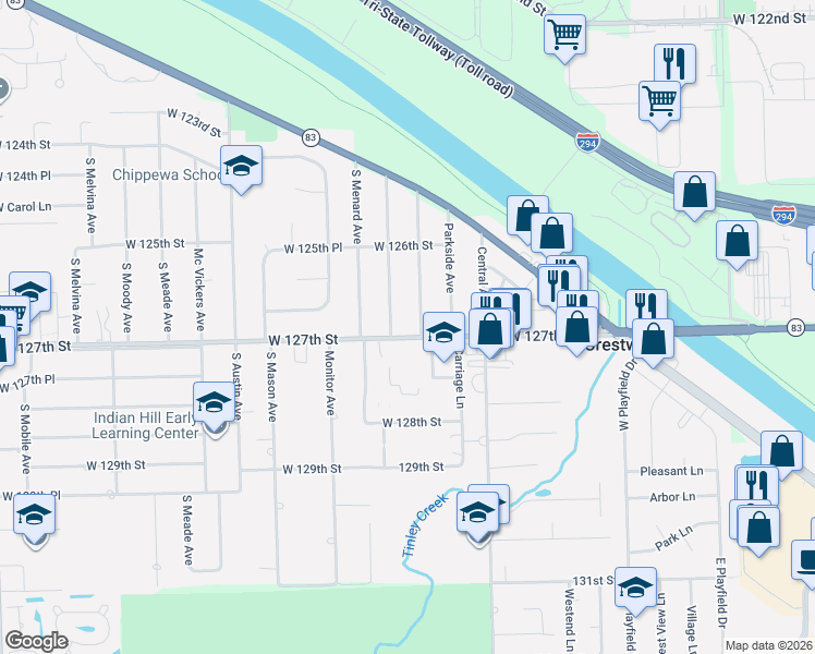 map of restaurants, bars, coffee shops, grocery stores, and more near 12721 Park Place in Crestwood