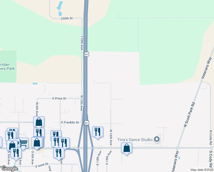 map of restaurants, bars, coffee shops, grocery stores, and more near 800 North 16th Avenue in Eldridge