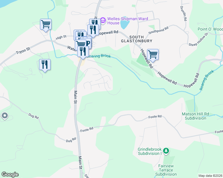 map of restaurants, bars, coffee shops, grocery stores, and more near 149 Main Street in Glastonbury