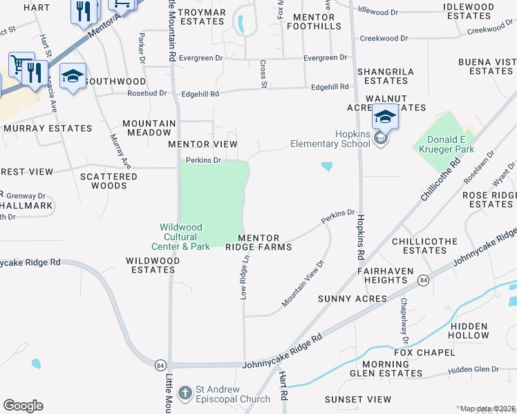 map of restaurants, bars, coffee shops, grocery stores, and more near 8885 Perkins Drive in Mentor