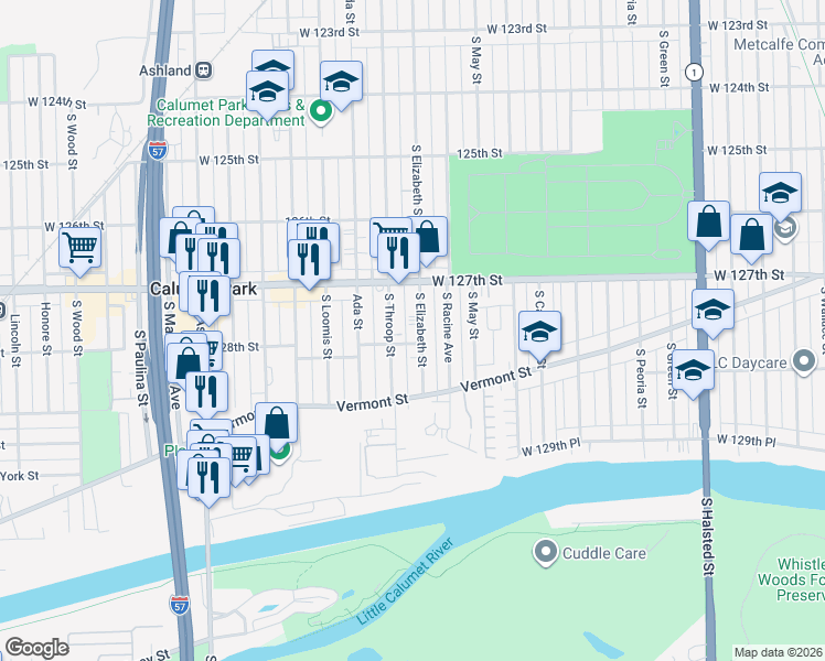 map of restaurants, bars, coffee shops, grocery stores, and more near 12804 South Elizabeth Street in Calumet Park