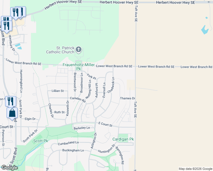 map of restaurants, bars, coffee shops, grocery stores, and more near 108 Chadwick Lane in Iowa City