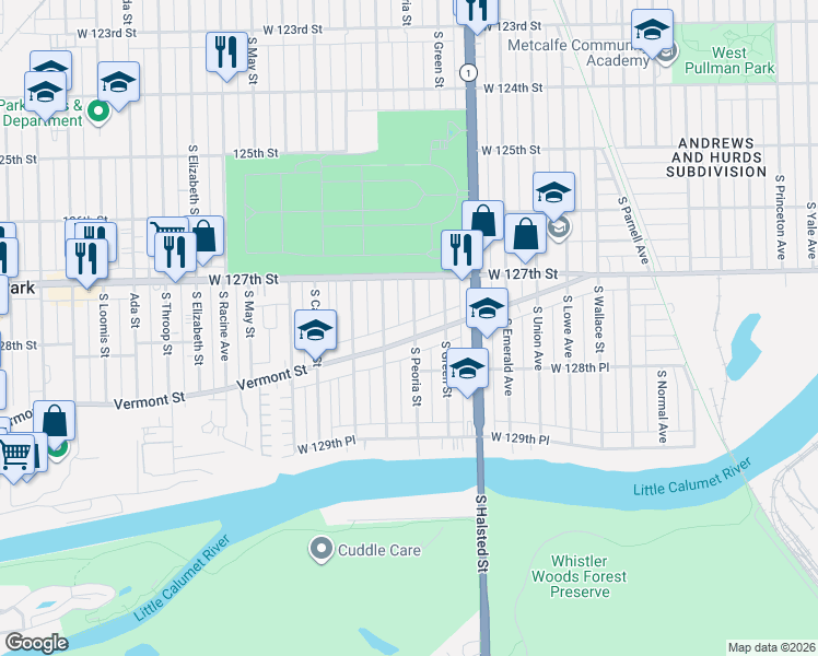 map of restaurants, bars, coffee shops, grocery stores, and more near 12813 South Peoria Street in Chicago