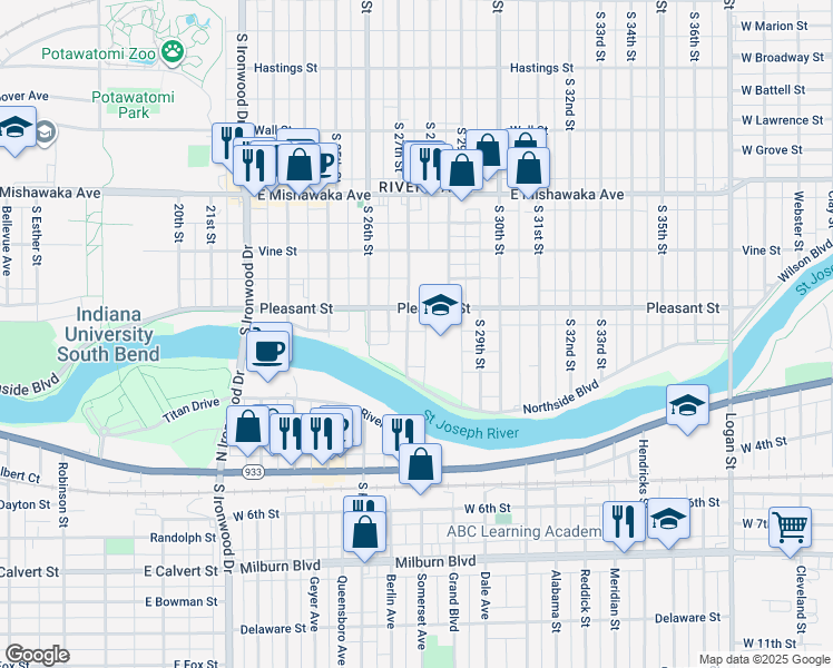 map of restaurants, bars, coffee shops, grocery stores, and more near 1233 South 28th Street in South Bend