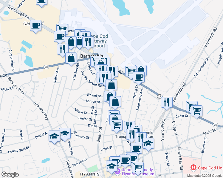 map of restaurants, bars, coffee shops, grocery stores, and more near 291 Barnstable Road in Barnstable