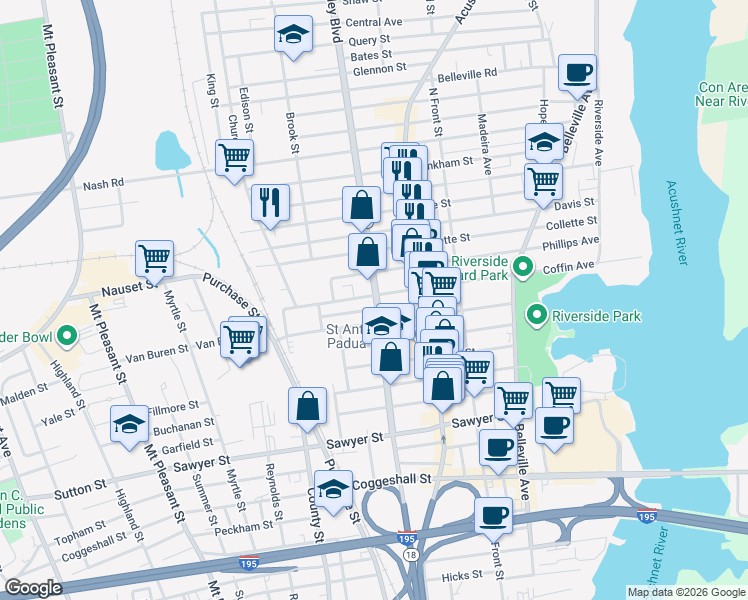 map of restaurants, bars, coffee shops, grocery stores, and more near 165 Deane Street in New Bedford