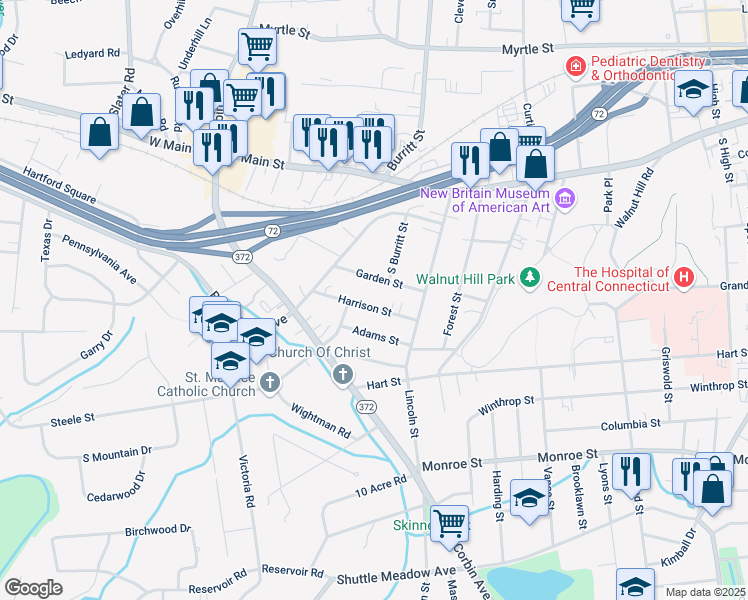 map of restaurants, bars, coffee shops, grocery stores, and more near 34 Harrison Street in New Britain