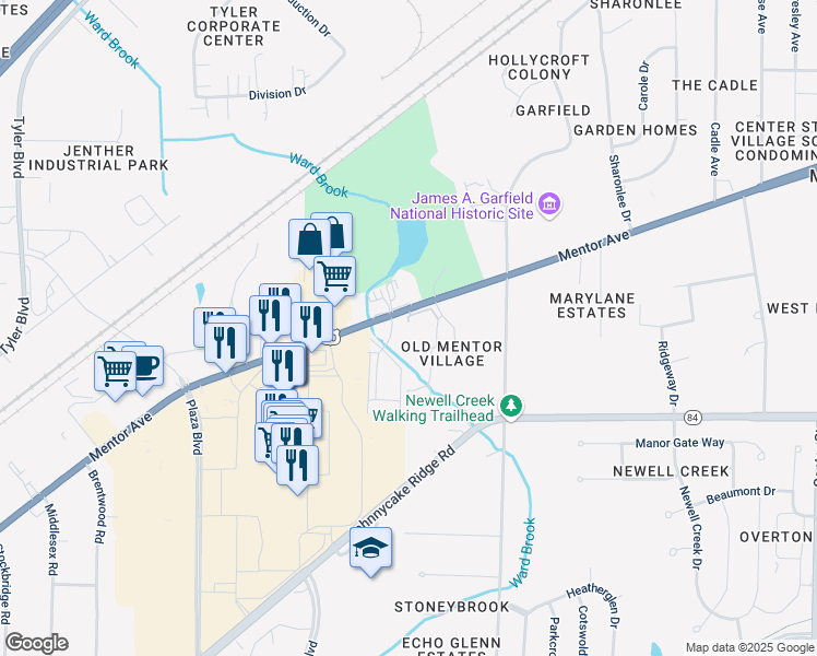 map of restaurants, bars, coffee shops, grocery stores, and more near 7950 Mentor Avenue in Mentor