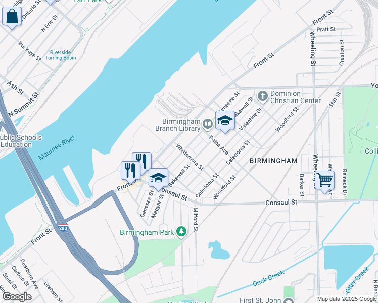 map of restaurants, bars, coffee shops, grocery stores, and more near 307 Whittemore Street in Toledo