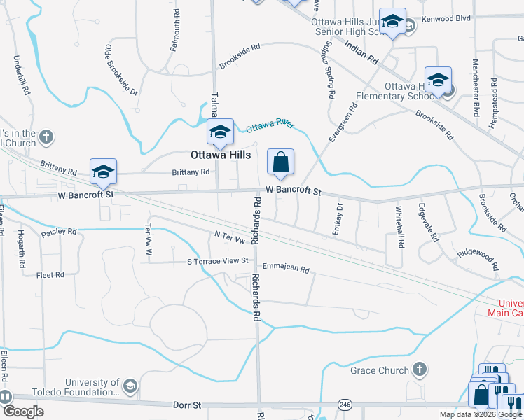 map of restaurants, bars, coffee shops, grocery stores, and more near 4033 Hillandale Road in Toledo